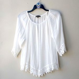 Women's White Loose Sheer Blouse with Lace